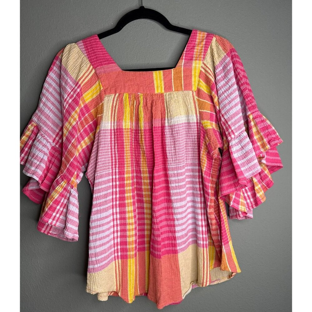Beachlunchlounge Collection Plaid Boho Flowy Naomi Blouse Women's Medium - Picture 3 of 6